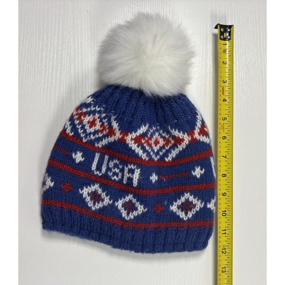 Turtle Fur USA Knit Fleece Lined Winter Pom Beanie Cap Red White Blue - Picture 7 of 8